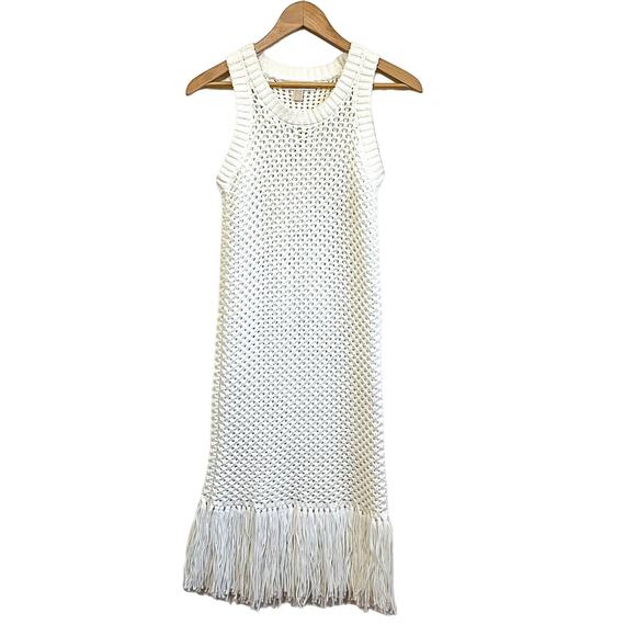 Michael Kors Crochet Fringe Tank Midi Dress Size S White Boho Coastal Beachy - Picture 1 of 9